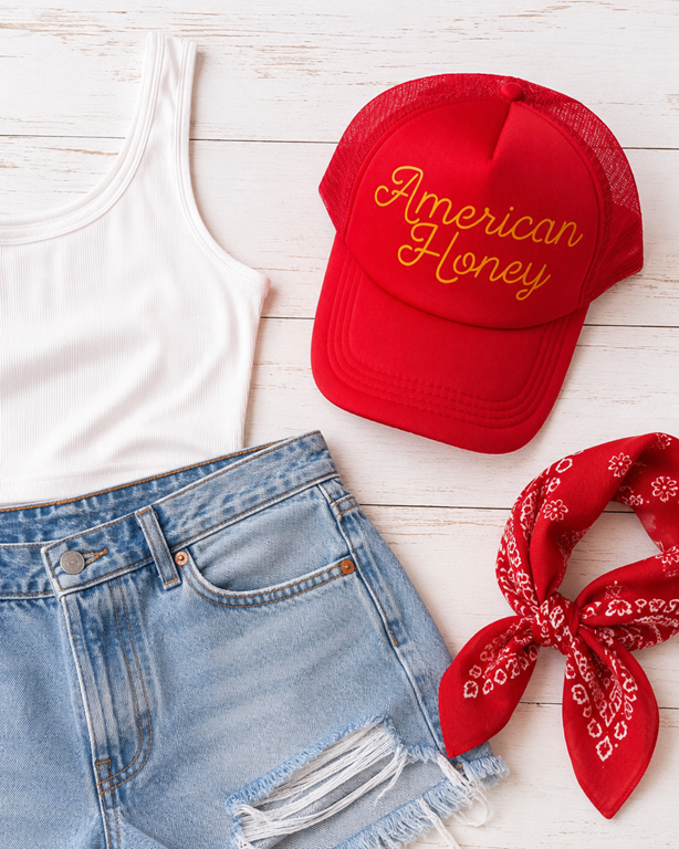 American Honey handmade trucker hat styled for summer