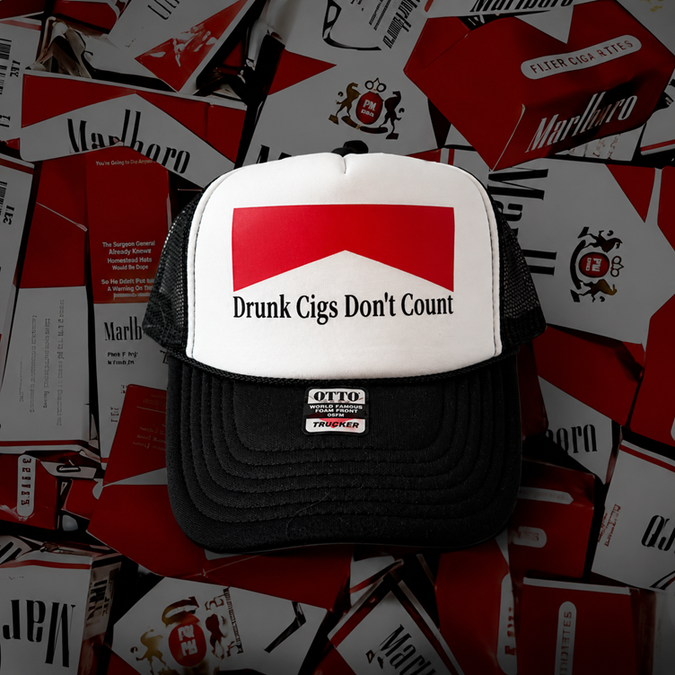 Drunk Cigs Don’t Count hat styled for the shop page